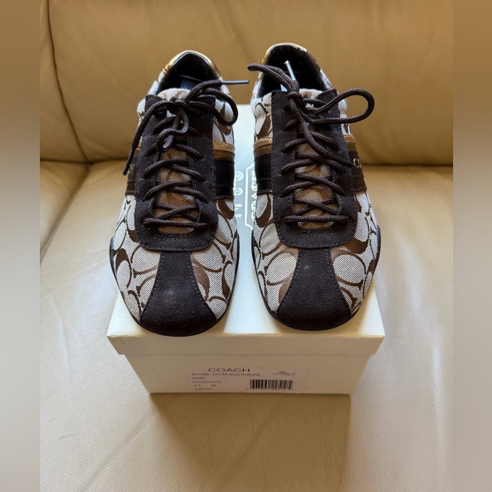 Coach Jayme Brown and Gold Logo Sneakers 7.5M - Picture 2 of 7